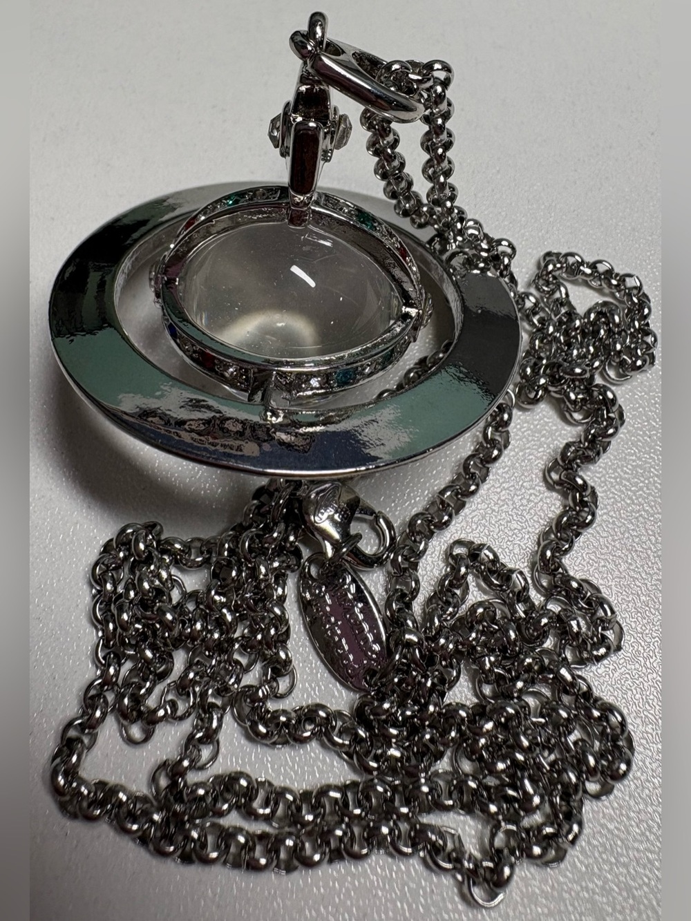 Silver Tone Orb Pendant Necklace with Clear Crystal Dome